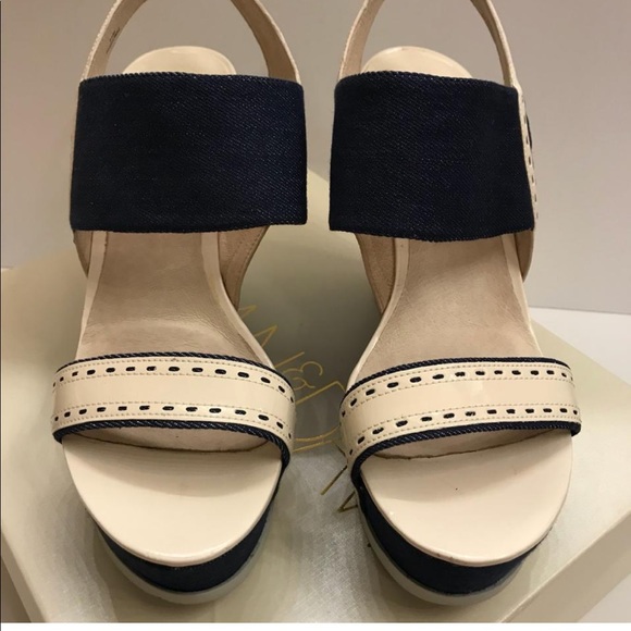 Joan & David- Denim platform wedge blue/tan “5” heels - Picture 4 of 8